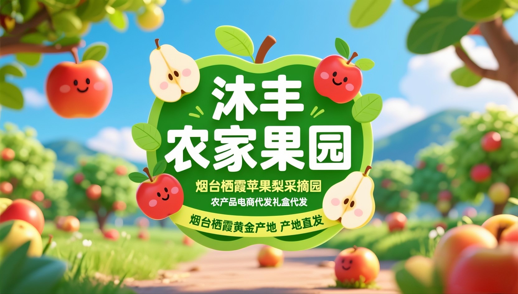 烟台沐丰农家果园：绿色苹果园与青山